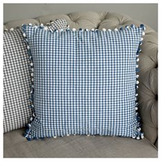 Blue Check Pom Pom Cushion Image