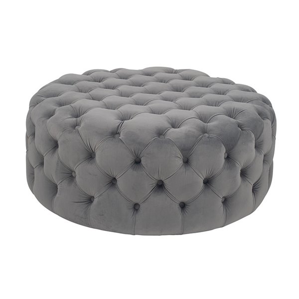Grey Velvet Button Round Footstool