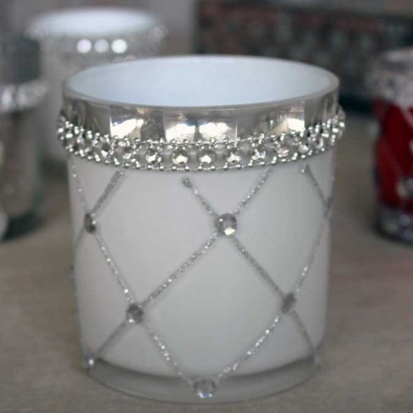 Pair White and Jewel Large Candle Holder  