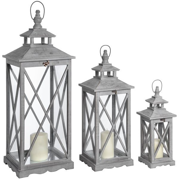 Set Of Three Grey Wooden Cross Lanterns 