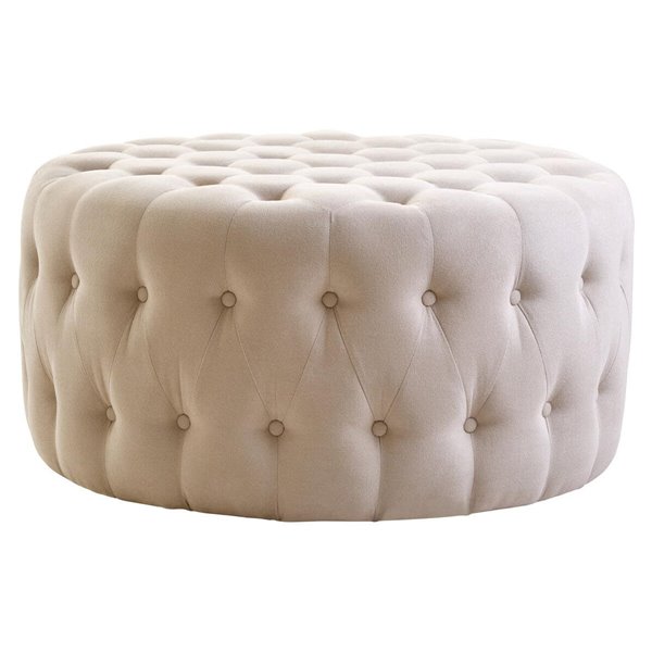 Beige Velvet Button Round Footstool 