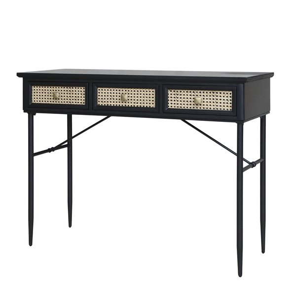 Black and Rattan 3 Drawer Desk