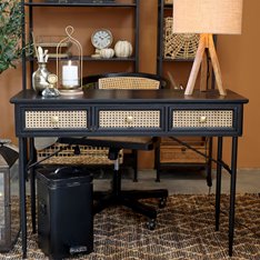 Black and Rattan 3 Drawer Desk Image