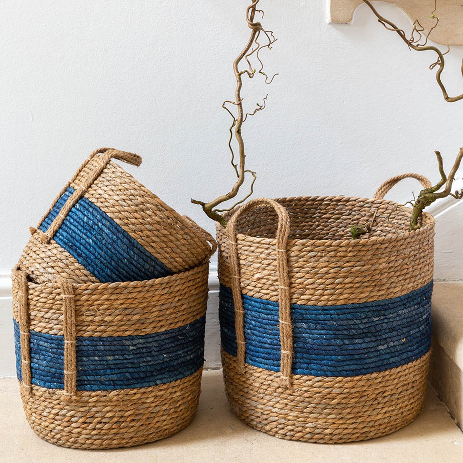 Blue Stripe Straw Basket Set of 3 Image