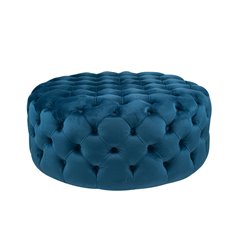 Blue Velvet Button Round Footstool 