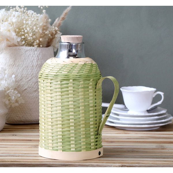 Braided Bamboo Green Thermos Flask