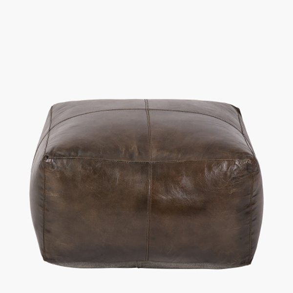Dark Brown Leather Square Pouffe 