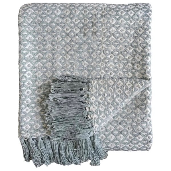 Diamond Weave Fringed Throw - Duck Egg