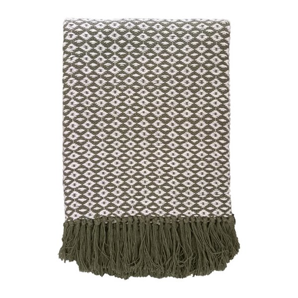 Diamond Weave Fringed Throw - Moss