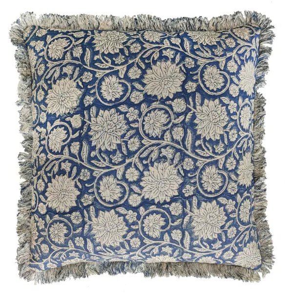Fringed Edge Flower Cushion - Blue