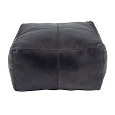 Grey Leather Square Pouffe