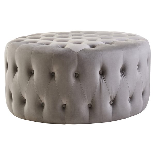 Grey Velvet Button Round Footstool