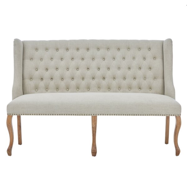 High Back Oak & Linen Sofa Bench 