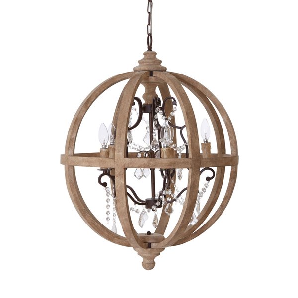 Iron Wood & Crystal Round Chandelier