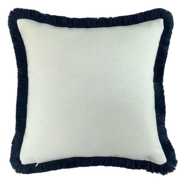 Large Navy Fringe Ivory Cushion