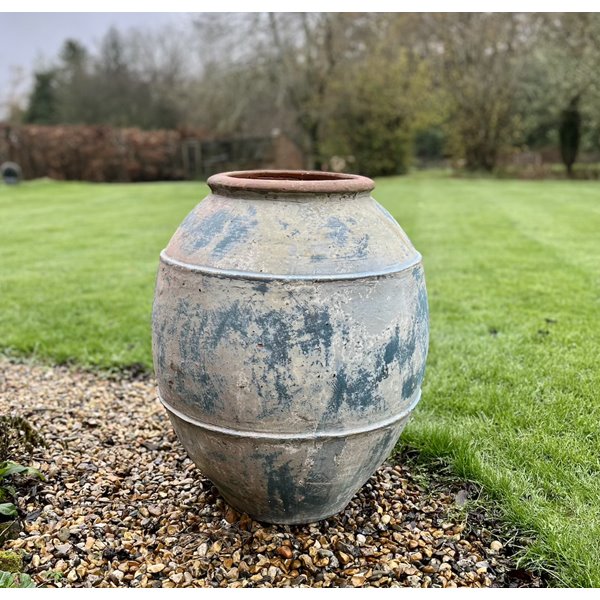 Large Terracotta Aged Blue Olive Oil Jar