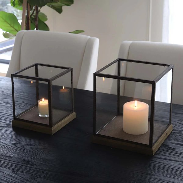 Set of 2 Metal and Glass Cube Lanterns