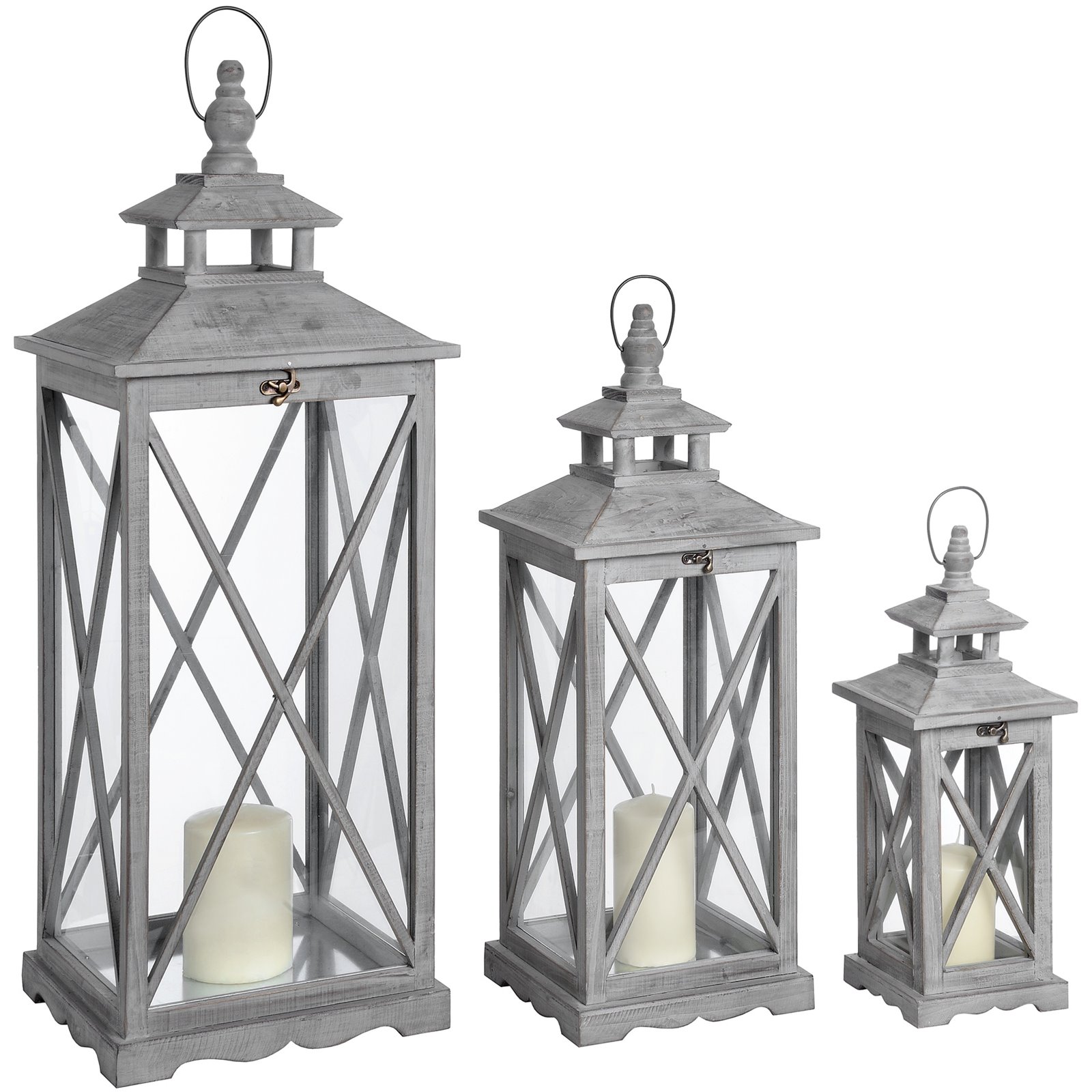 Set Of Three Grey Wooden Cross Lanterns  Image