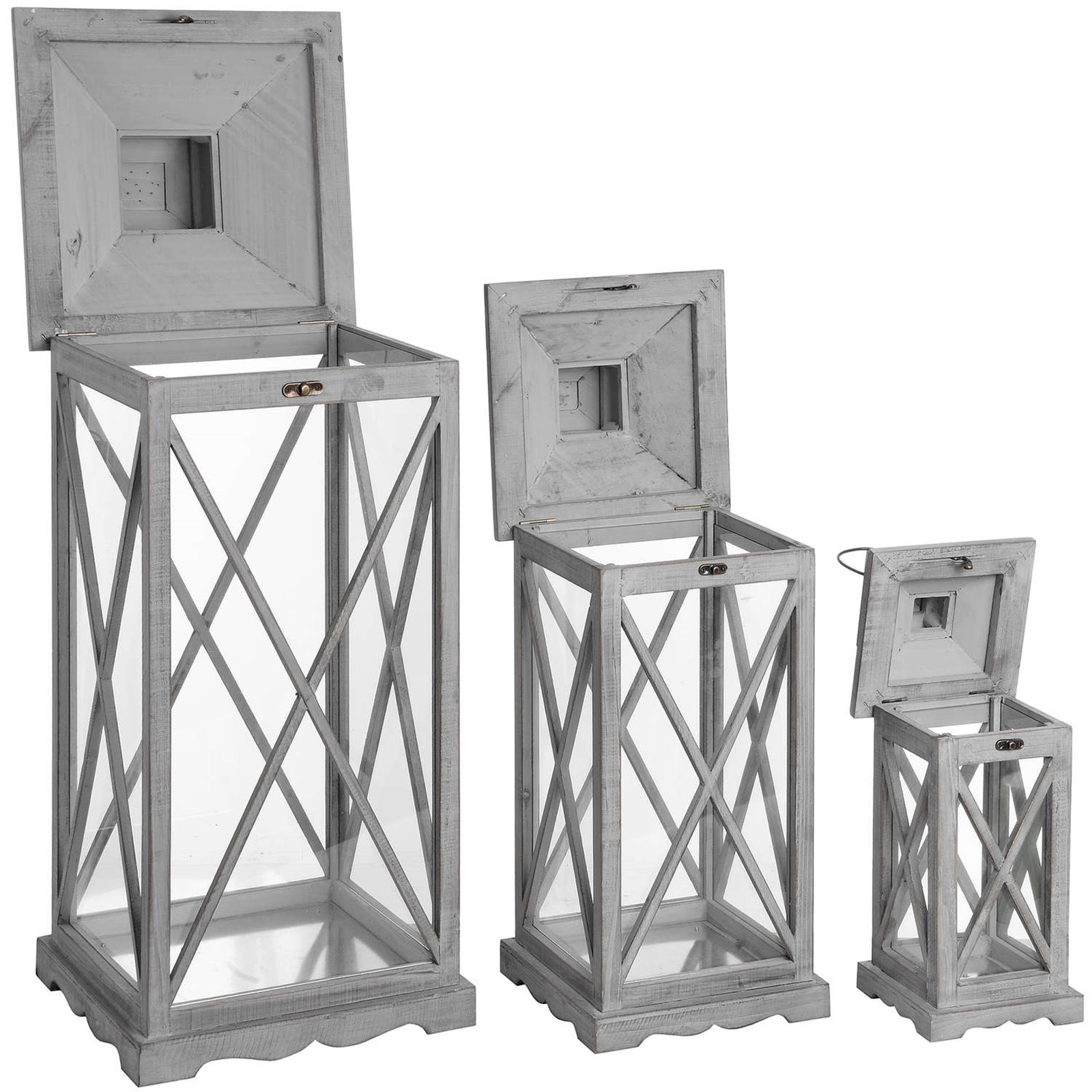 Set Of Three Grey Wooden Cross Lanterns  Image