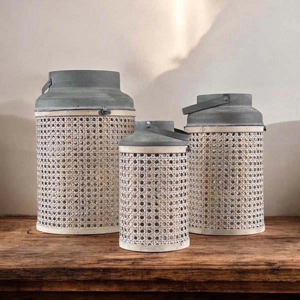Set Of Three Grey woven Cane lanterns