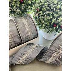 Silver Grey and White Embroidered Wired Ribbon Image