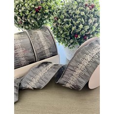 Silver Grey and White Embroidered Wired Ribbon Image