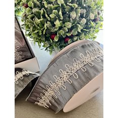 Silver Grey and White Embroidered Wired Ribbon Image
