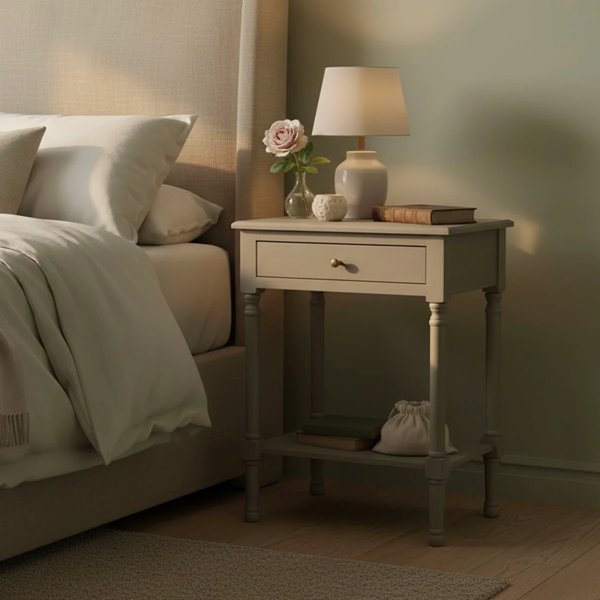 Soft Grey Bedside Table with Shelf
