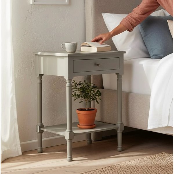 Soft Grey Bedside Table with Shelf