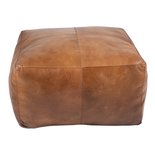 Tan Leather Square Pouffe