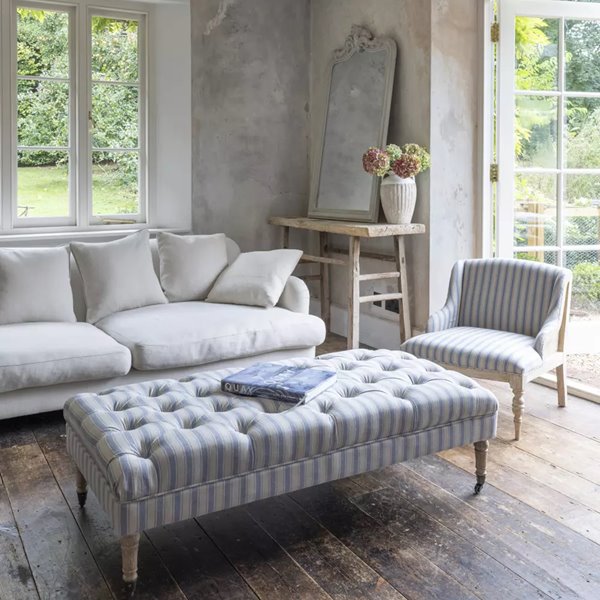 Washed Oak and Blue Stripe Ottoman