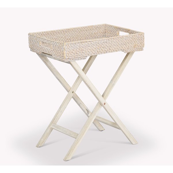 Washed White Rattan Tray Table