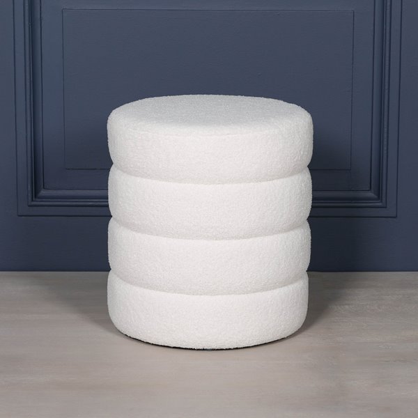 White Boucle Stitched Round Stool