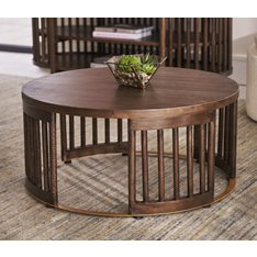 Wood and Brass Round Coffee Table Image